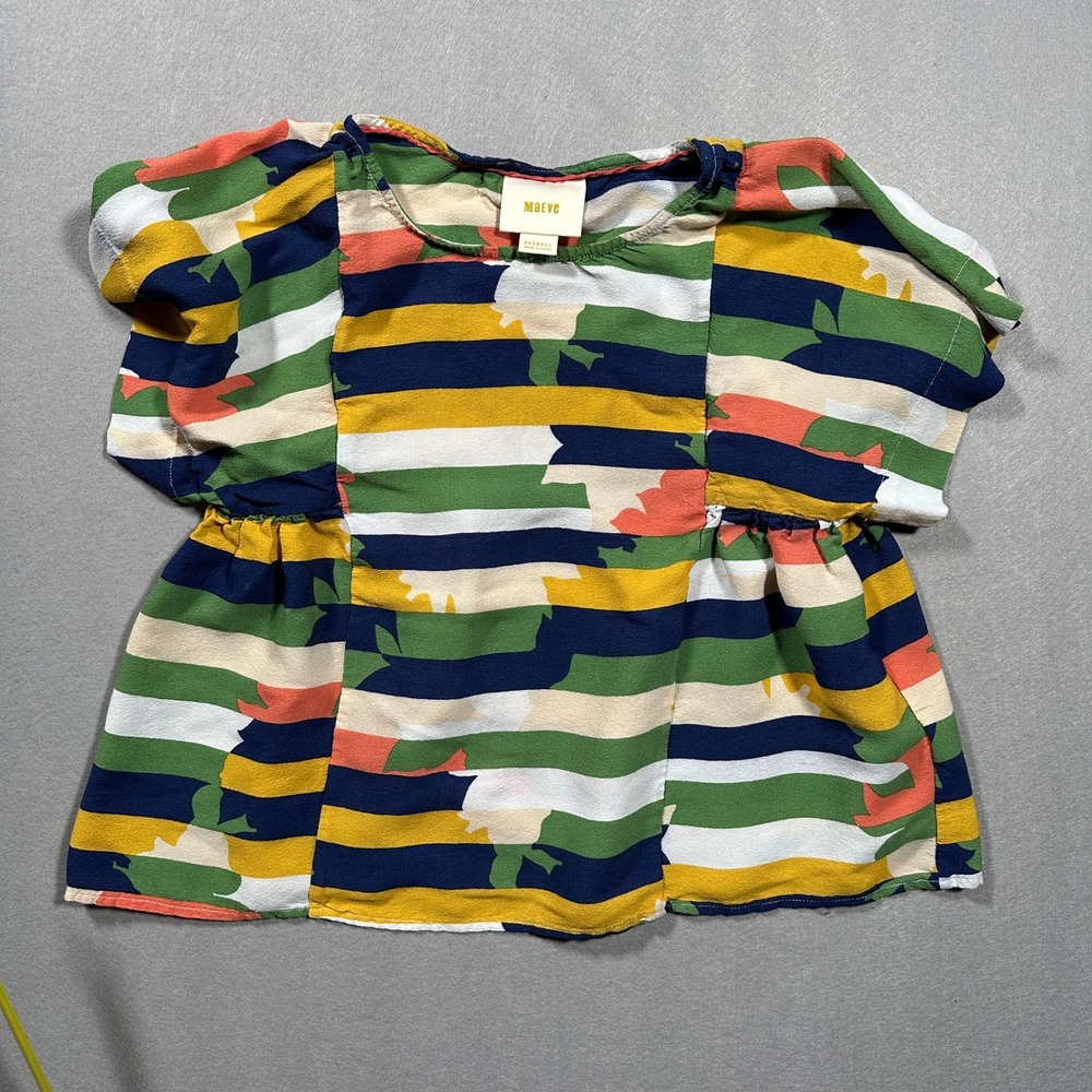 Maeve Anthropologie Blouse XXS Puff Sleeve Peplum Abstract Stripe Multicolor Top
